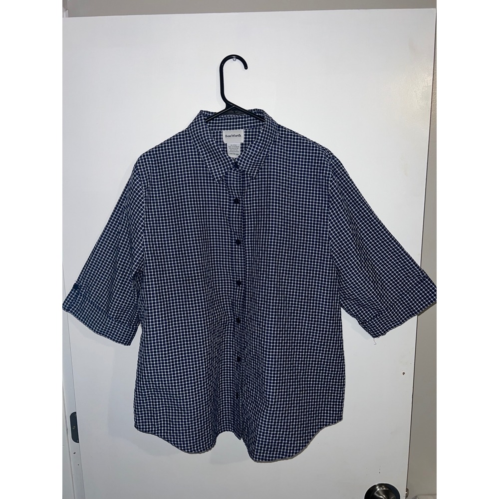 BonWorth Womens Navy Blue Gingham Button Down Shirt Size L 35039
